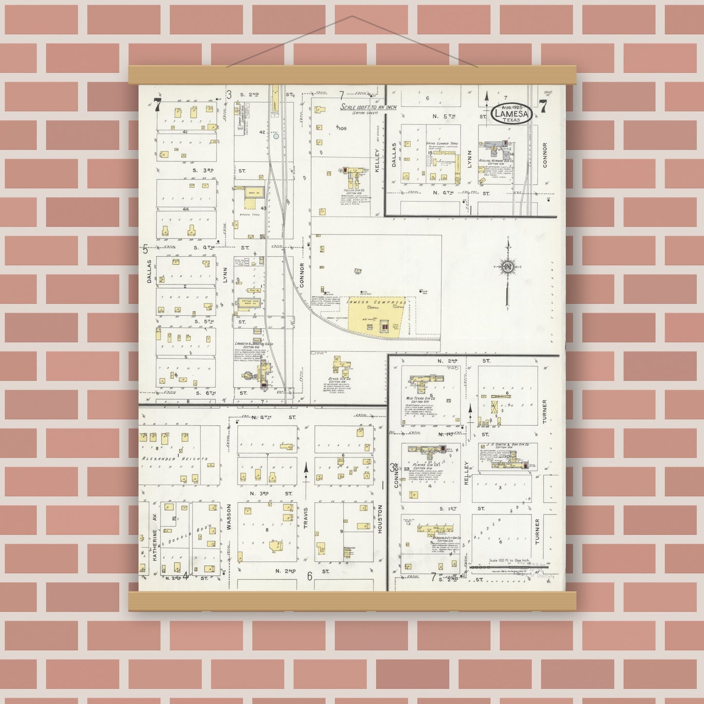 Old map wall art mockup — magnetic wood frame on brick wall — Sanborn Fire Insurance Map from Lamesa, Dawson County, Texas (1925), Sheet #0007