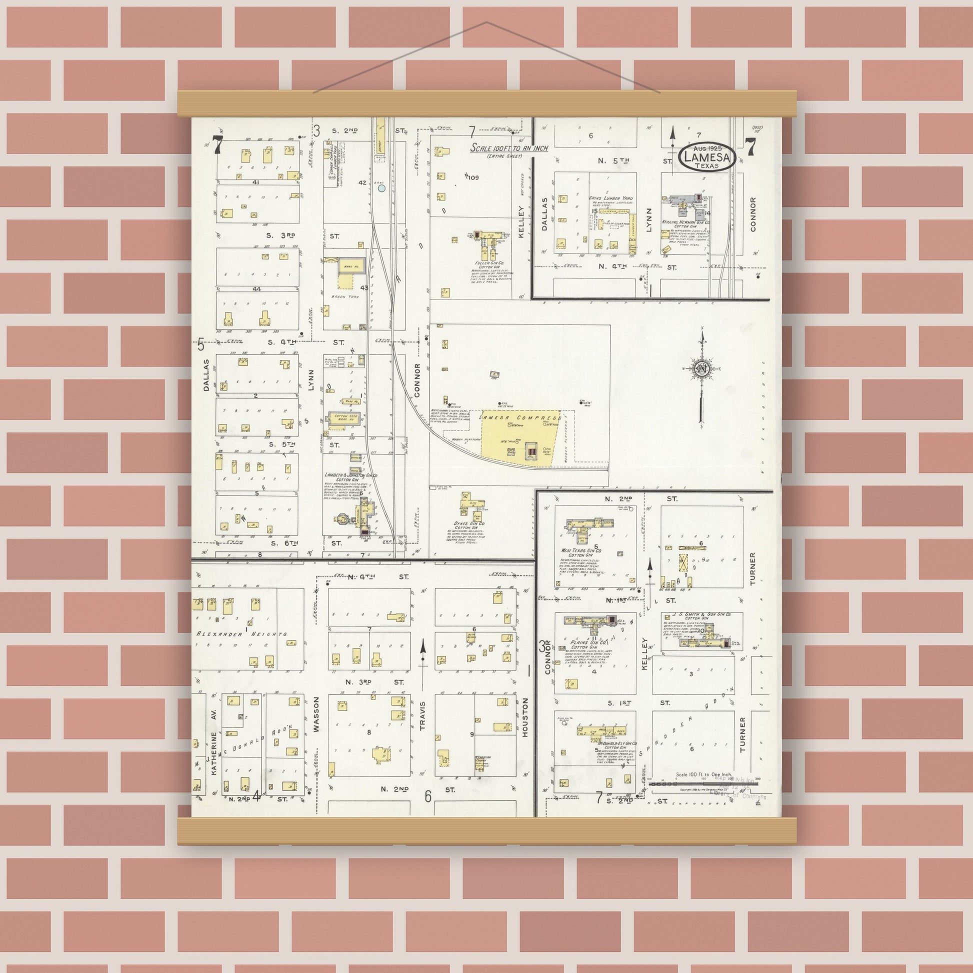 Old map wall art mockup — magnetic wood frame on brick wall — Sanborn Fire Insurance Map from Lamesa, Dawson County, Texas (1925), Sheet #0007