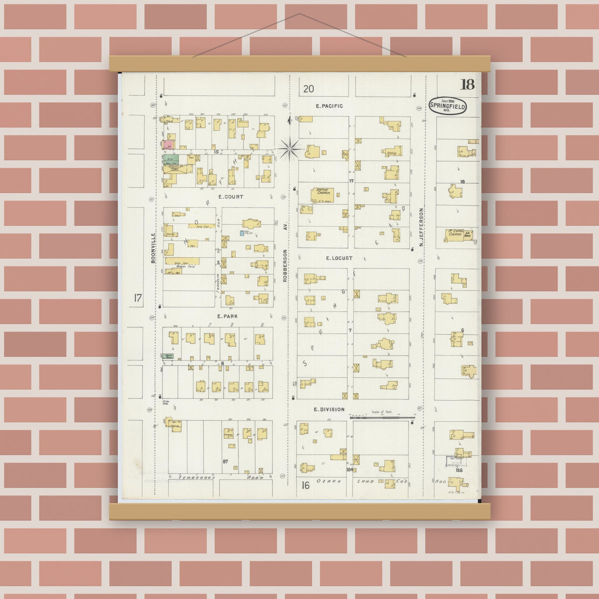 Old map wall art mockup — magnetic wood frame on brick wall — Sanborn Fire Insurance Map from Springfield, Greene County, Missouri (1896), Sheet #0018