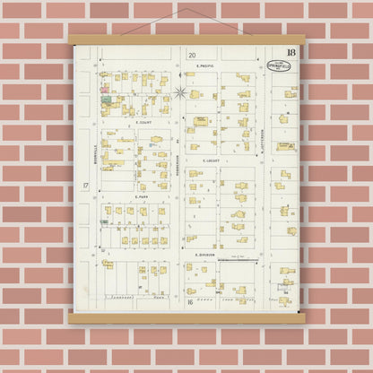 Old map wall art mockup — magnetic wood frame on brick wall — Sanborn Fire Insurance Map from Springfield, Greene County, Missouri (1896), Sheet #0018