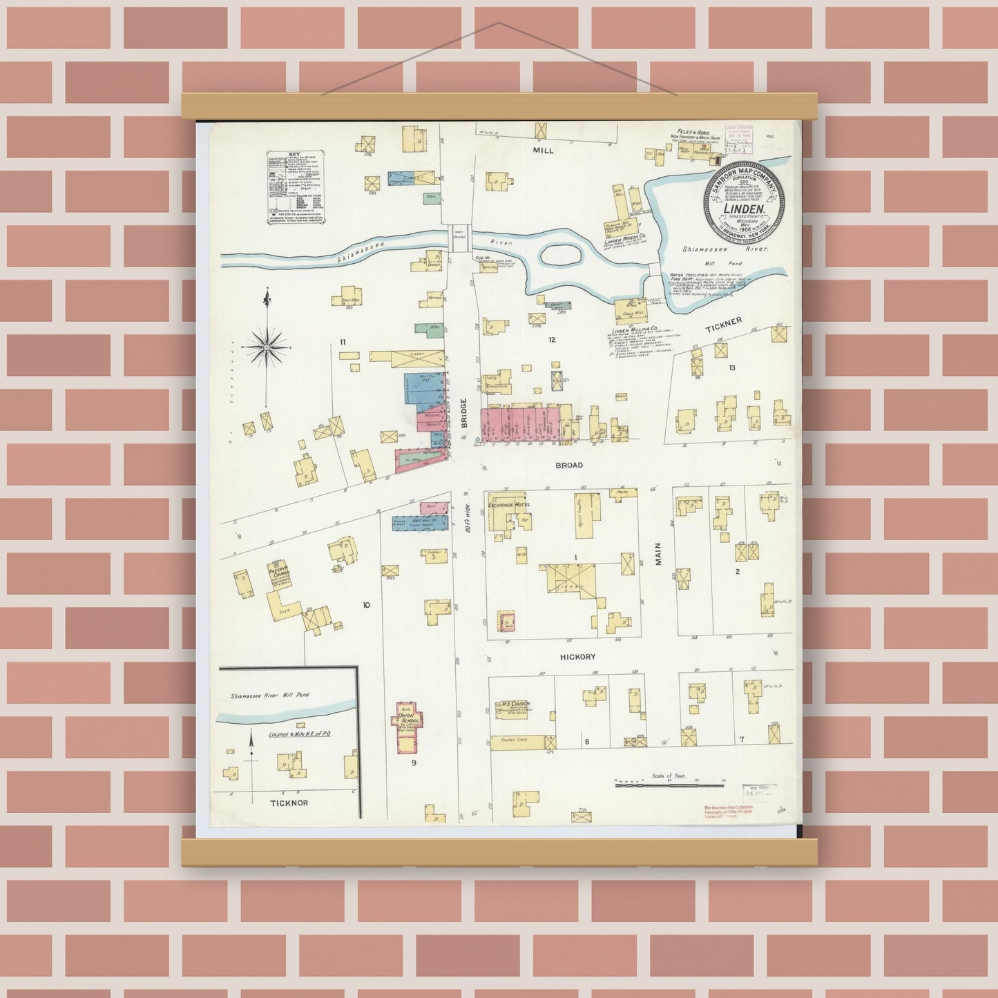 Old map wall art mockup — magnetic wood frame on brick wall — Sanborn Fire Insurance Map from Linden, Genesee County, Michigan (1908), Sheet #0001