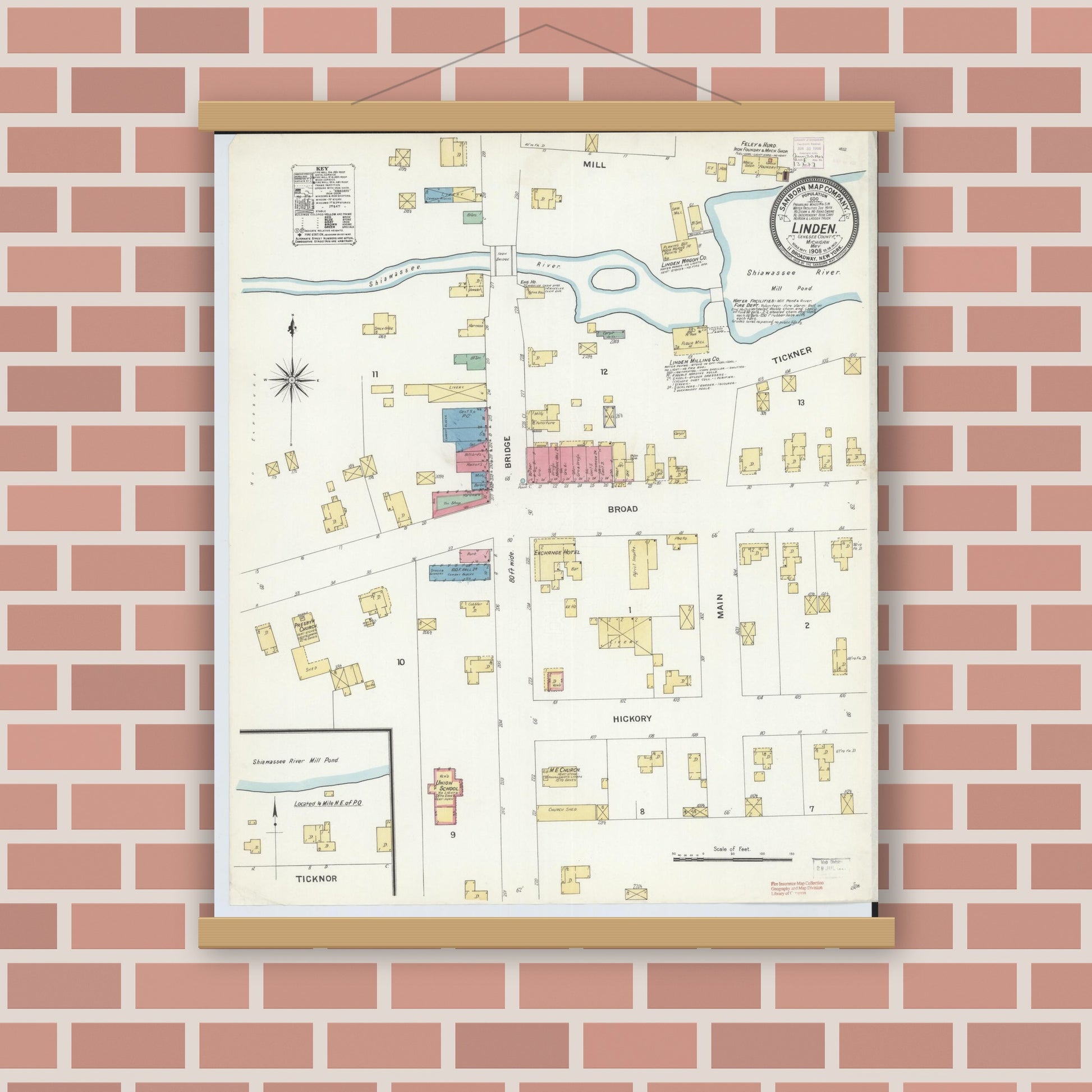 Old map wall art mockup — magnetic wood frame on brick wall — Sanborn Fire Insurance Map from Linden, Genesee County, Michigan (1908), Sheet #0001