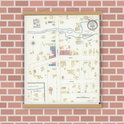 Old map wall art mockup — magnetic wood frame on brick wall — Sanborn Fire Insurance Map from Linden, Genesee County, Michigan (1908), Sheet #0001