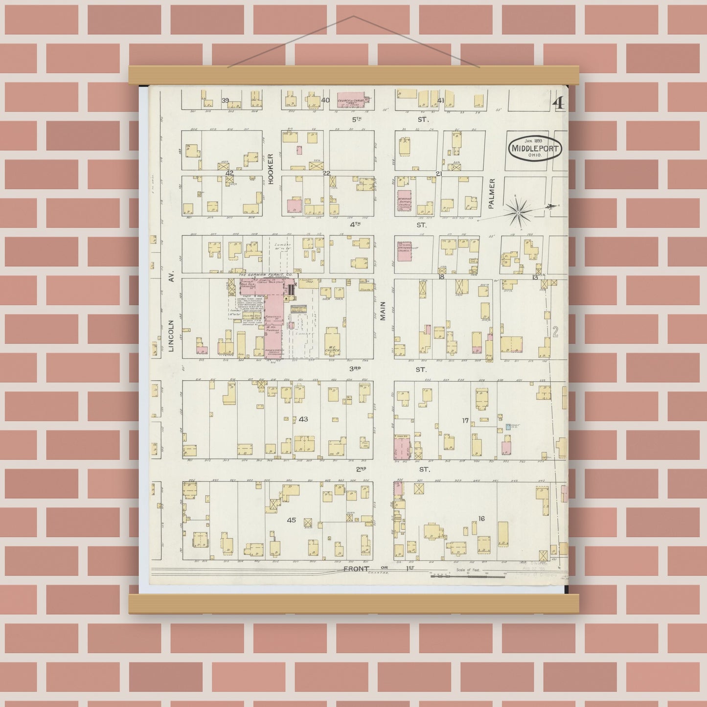 Old map wall art mockup — magnetic wood frame on brick wall — Sanborn Fire Insurance Map from Middleport, Meigs County, Ohio (1893), Sheet #0004