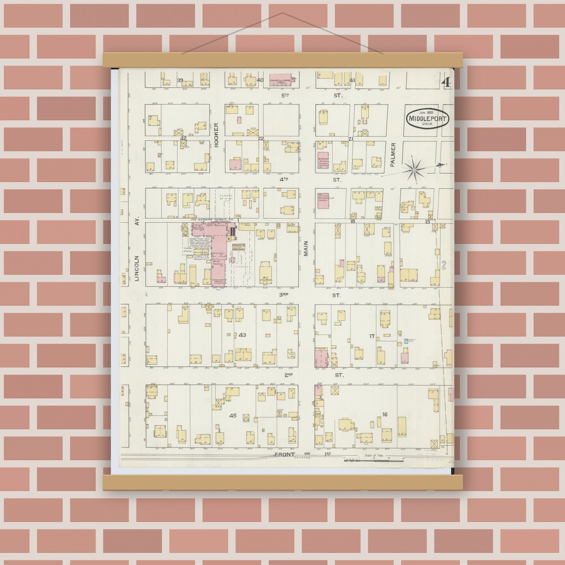 Old map wall art mockup — magnetic wood frame on brick wall — Sanborn Fire Insurance Map from Middleport, Meigs County, Ohio (1893), Sheet #0004