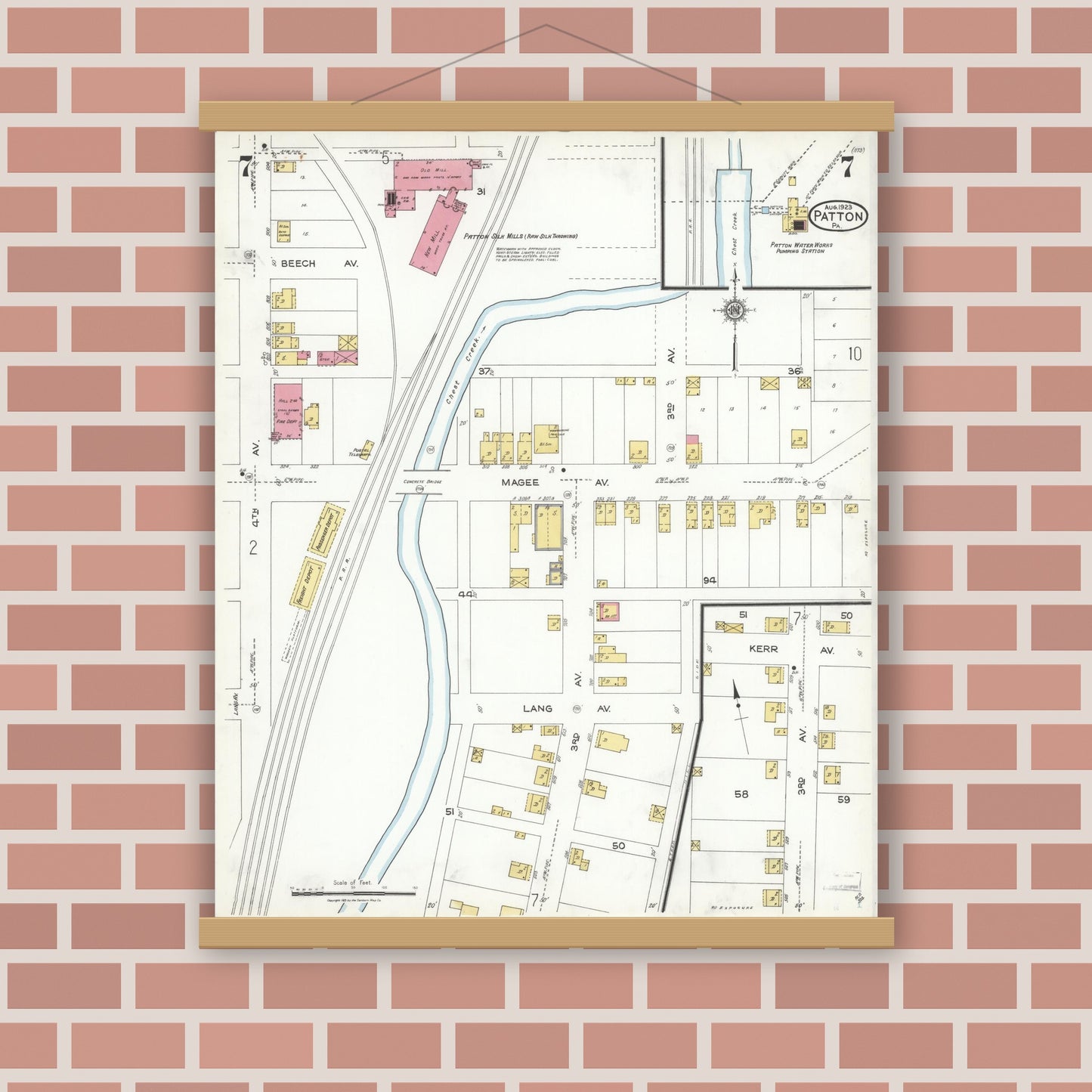 Old map wall art mockup — magnetic wood frame on brick wall — Sanborn Fire Insurance Map from Patton, Cambria County, Pennsylvania (1923), Sheet #0007