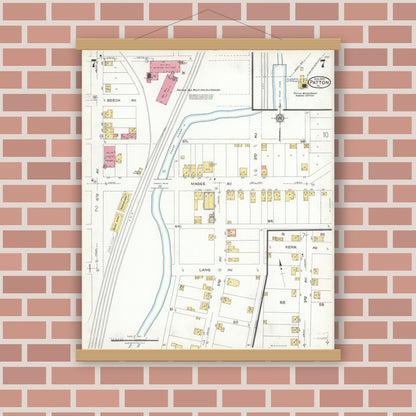 Old map wall art mockup — magnetic wood frame on brick wall — Sanborn Fire Insurance Map from Patton, Cambria County, Pennsylvania (1923), Sheet #0007
