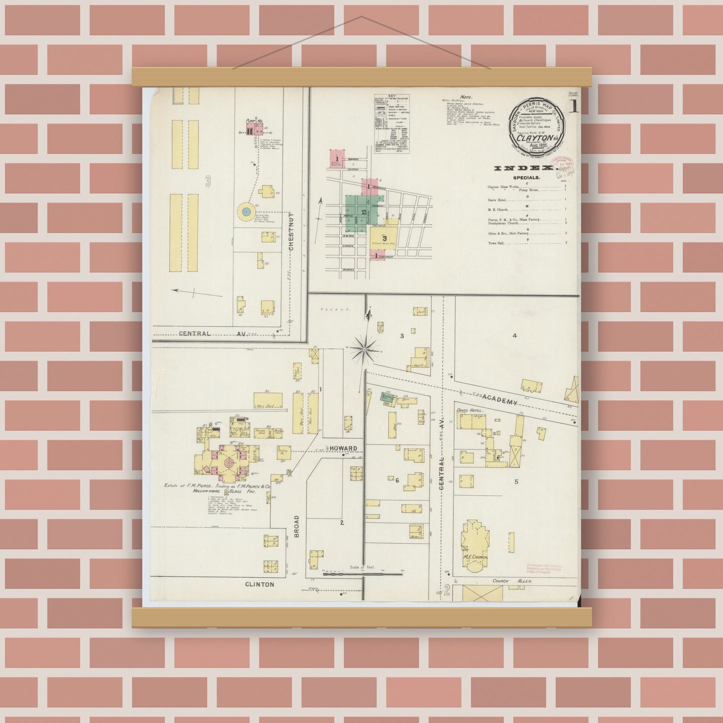 Old map wall art mockup — magnetic wood frame on brick wall — Sanborn Fire Insurance Map from Clayton, Gloucester County, New Jersey (1895), Sheet #0001