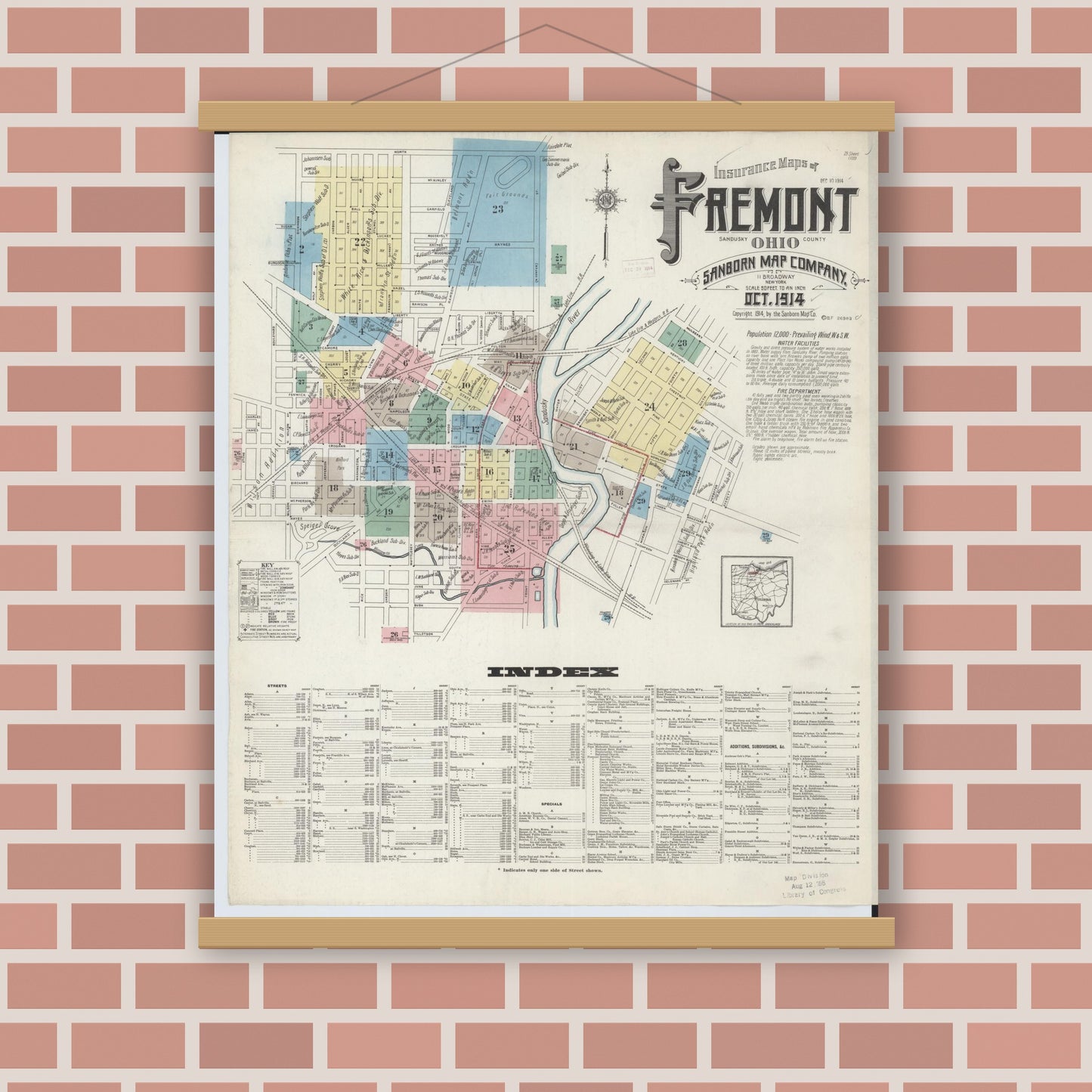 Old map wall art mockup — magnetic wood frame on brick wall — Sanborn Fire Insurance Map from Fremont, Sandusky County, Ohio (1914) - Complete Map Set