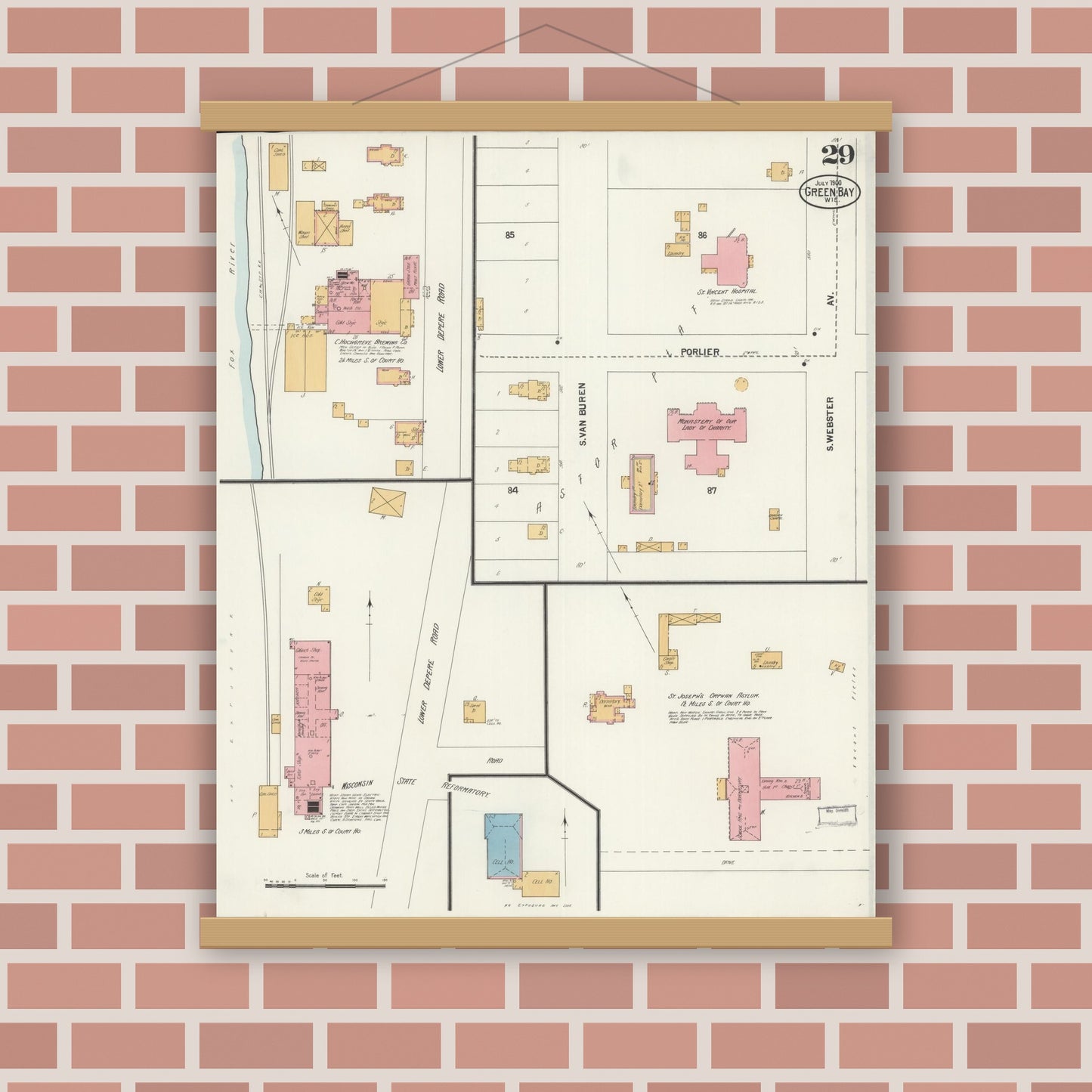 Old map wall art mockup — magnetic wood frame on brick wall — Sanborn Fire Insurance Map from Green Bay, Brown County, Wisconsin (1900), Sheet #0029