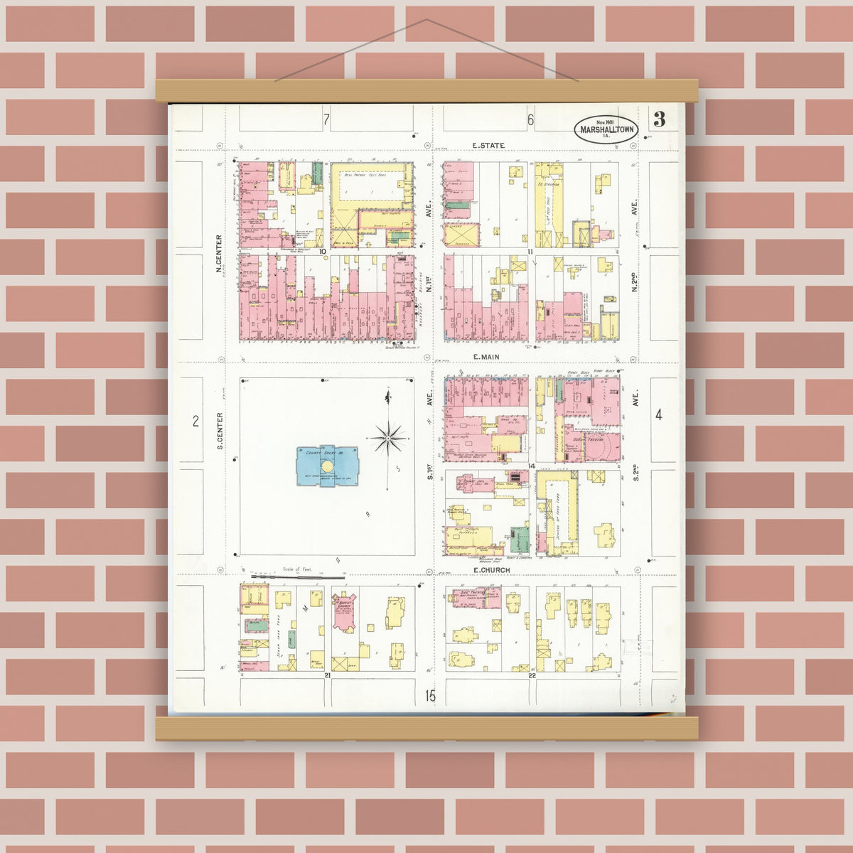 Old map wall art mockup — magnetic wood frame on brick wall — Sanborn Fire Insurance Map from Marshalltown, Marshall County, Iowa (1901), Sheet #0003