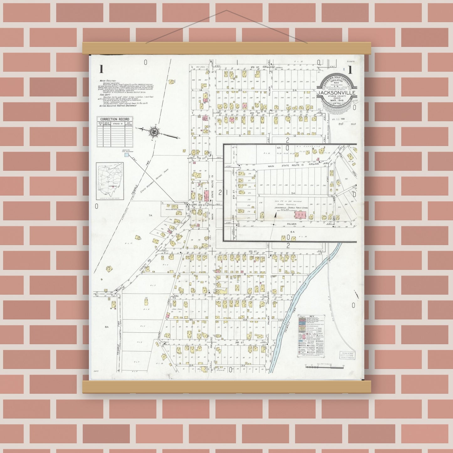 Old map wall art mockup — magnetic wood frame on brick wall — Sanborn Fire Insurance Map from Jacksonville, Athens County, Ohio (1948), Sheet #0001