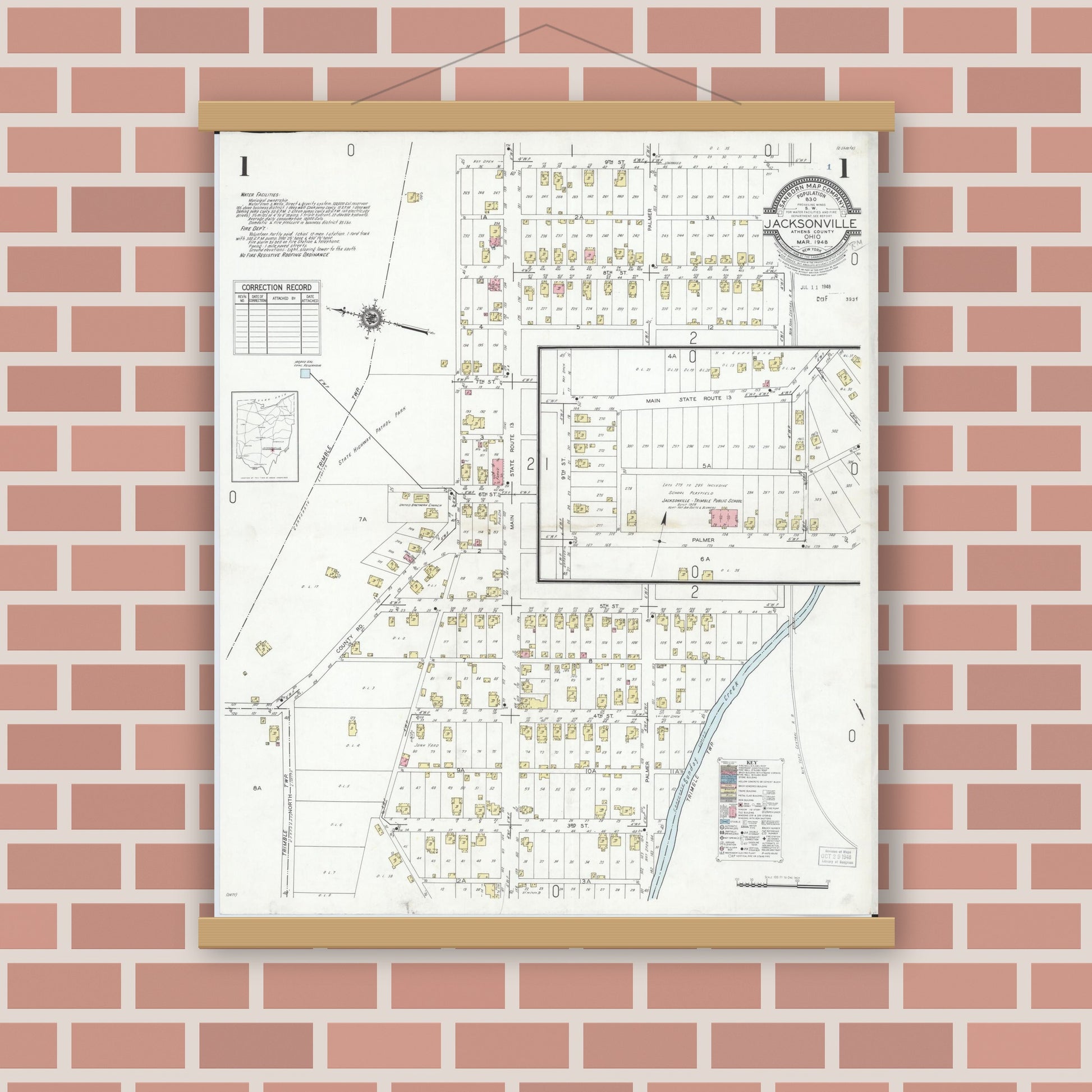 Old map wall art mockup — magnetic wood frame on brick wall — Sanborn Fire Insurance Map from Jacksonville, Athens County, Ohio (1948), Sheet #0001