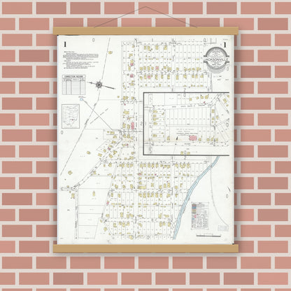 Old map wall art mockup — magnetic wood frame on brick wall — Sanborn Fire Insurance Map from Jacksonville, Athens County, Ohio (1948), Sheet #0001
