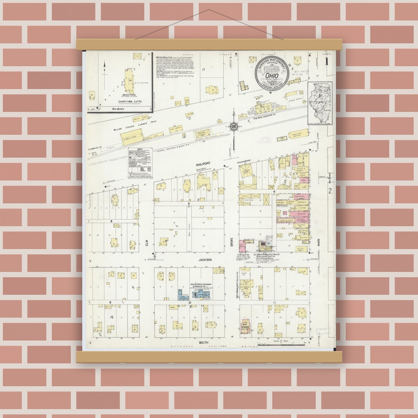 Old map wall art mockup — magnetic wood frame on brick wall — Sanborn Fire Insurance Map from Ohio, Bureau County, Illinois (1913) - Complete Map Set