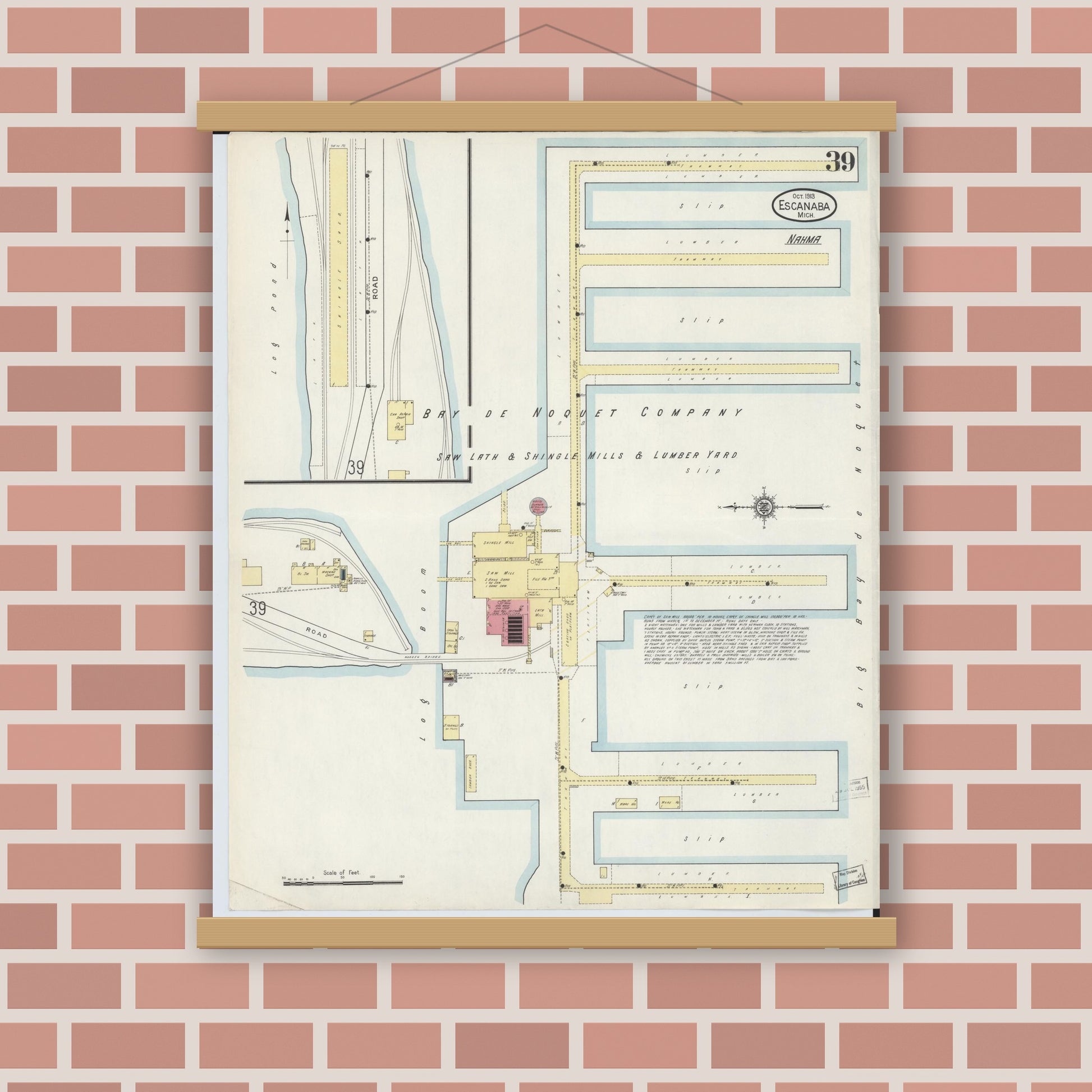 Old map wall art mockup — magnetic wood frame on brick wall — Sanborn Fire Insurance Map from Escanaba, Delta County, Michigan (1913), Sheet #0039