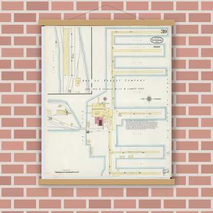 Old map wall art mockup — magnetic wood frame on brick wall — Sanborn Fire Insurance Map from Escanaba, Delta County, Michigan (1913), Sheet #0039