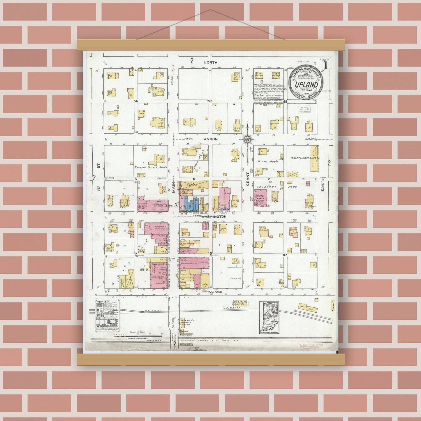 Old map wall art mockup — magnetic wood frame on brick wall — Sanborn Fire Insurance Map from Upland, Grant County, Indiana (1920) - Complete Map Set