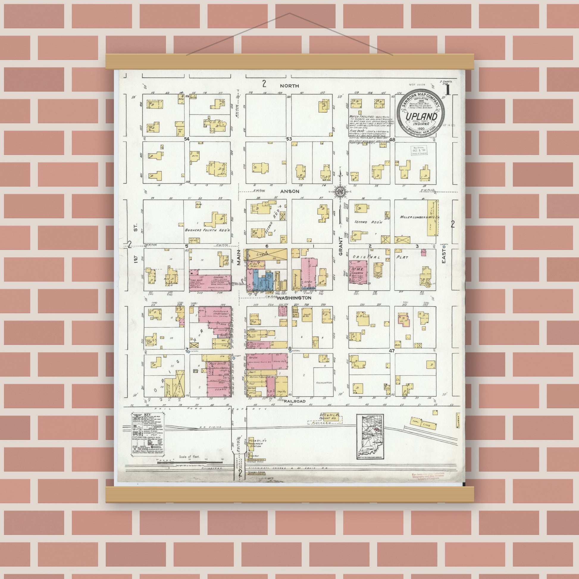 Old map wall art mockup — magnetic wood frame on brick wall — Sanborn Fire Insurance Map from Upland, Grant County, Indiana (1920) - Complete Map Set