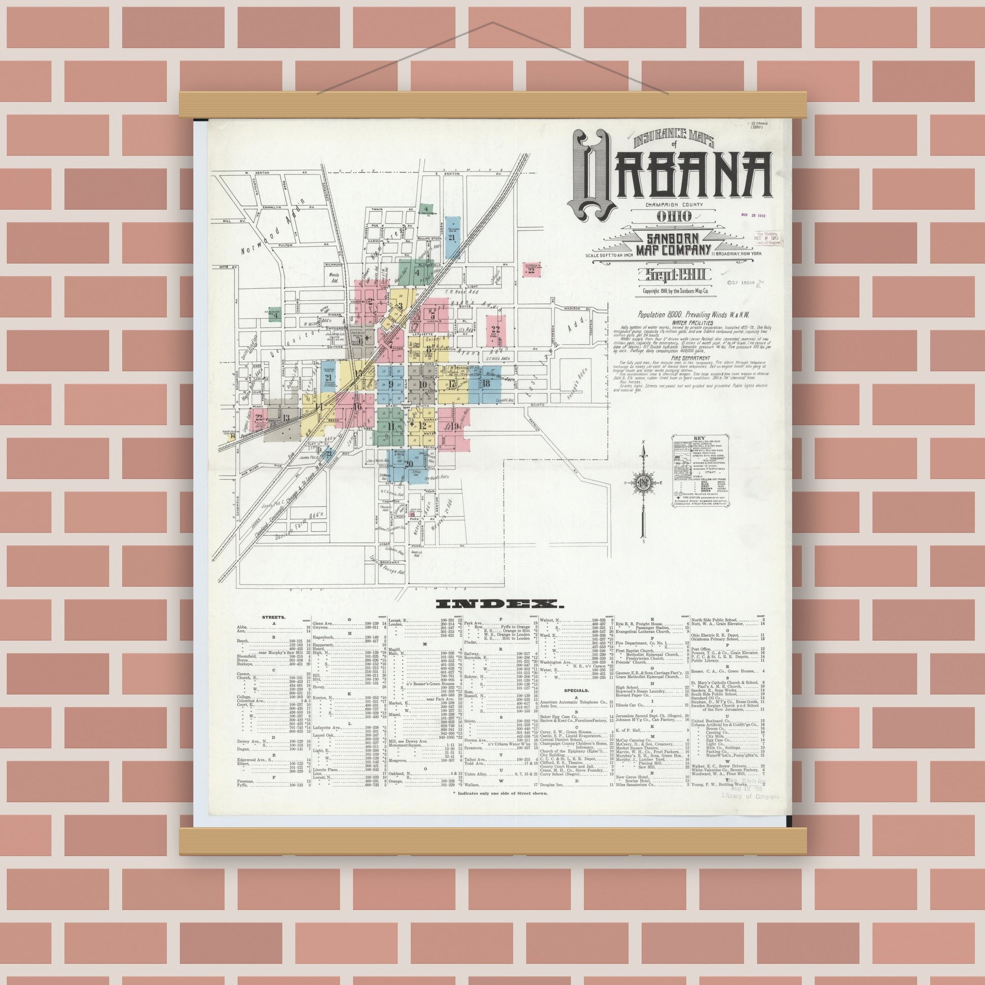 Old map wall art mockup — magnetic wood frame on brick wall — Sanborn Fire Insurance Map from Urbana, Champaign County, Ohio (1910), Sheet #0001