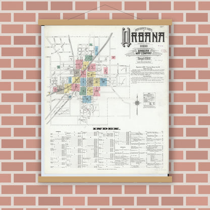 Old map wall art mockup — magnetic wood frame on brick wall — Sanborn Fire Insurance Map from Urbana, Champaign County, Ohio (1910), Sheet #0001