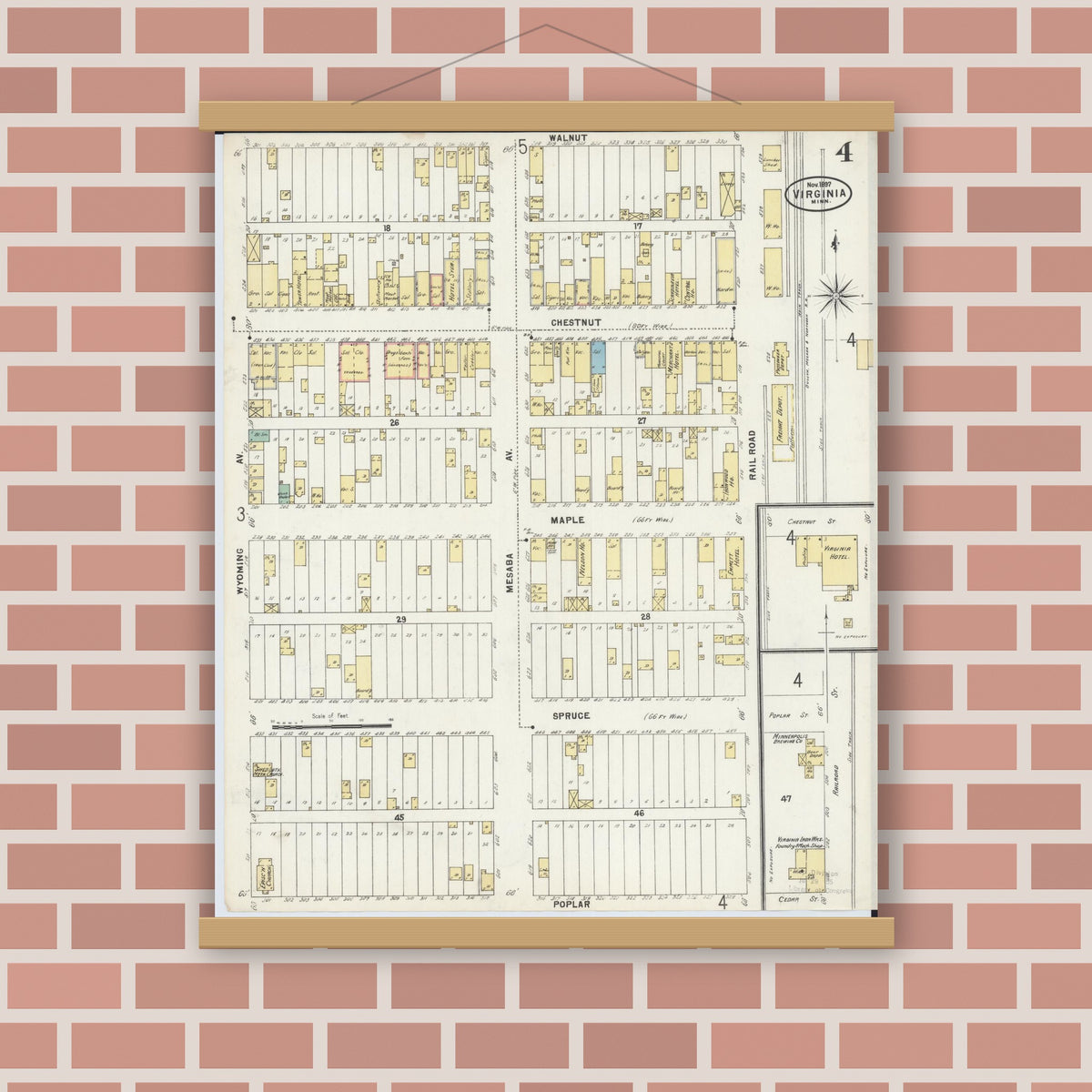 Old map wall art mockup — magnetic wood frame on brick wall — Sanborn Fire Insurance Map from Virginia, Saint Louis County, Minnesota (1897), Sheet #0004