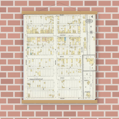 Old map wall art mockup — magnetic wood frame on brick wall — Sanborn Fire Insurance Map from Virginia, Saint Louis County, Minnesota (1897), Sheet #0004