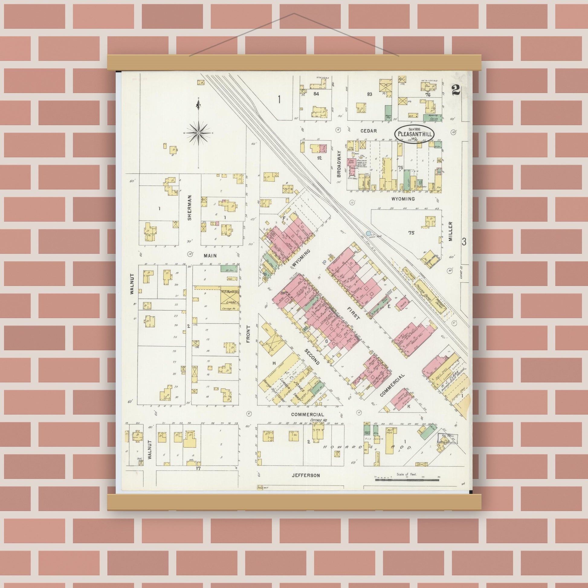 Old map wall art mockup — magnetic wood frame on brick wall — Sanborn Fire Insurance Map from Pleasant Hill, Cass County, Missouri (1898), Sheet #0002