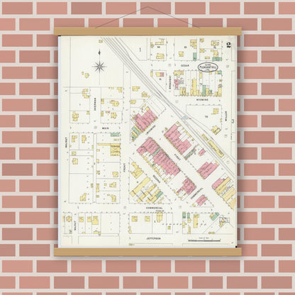 Old map wall art mockup — magnetic wood frame on brick wall — Sanborn Fire Insurance Map from Pleasant Hill, Cass County, Missouri (1898), Sheet #0002