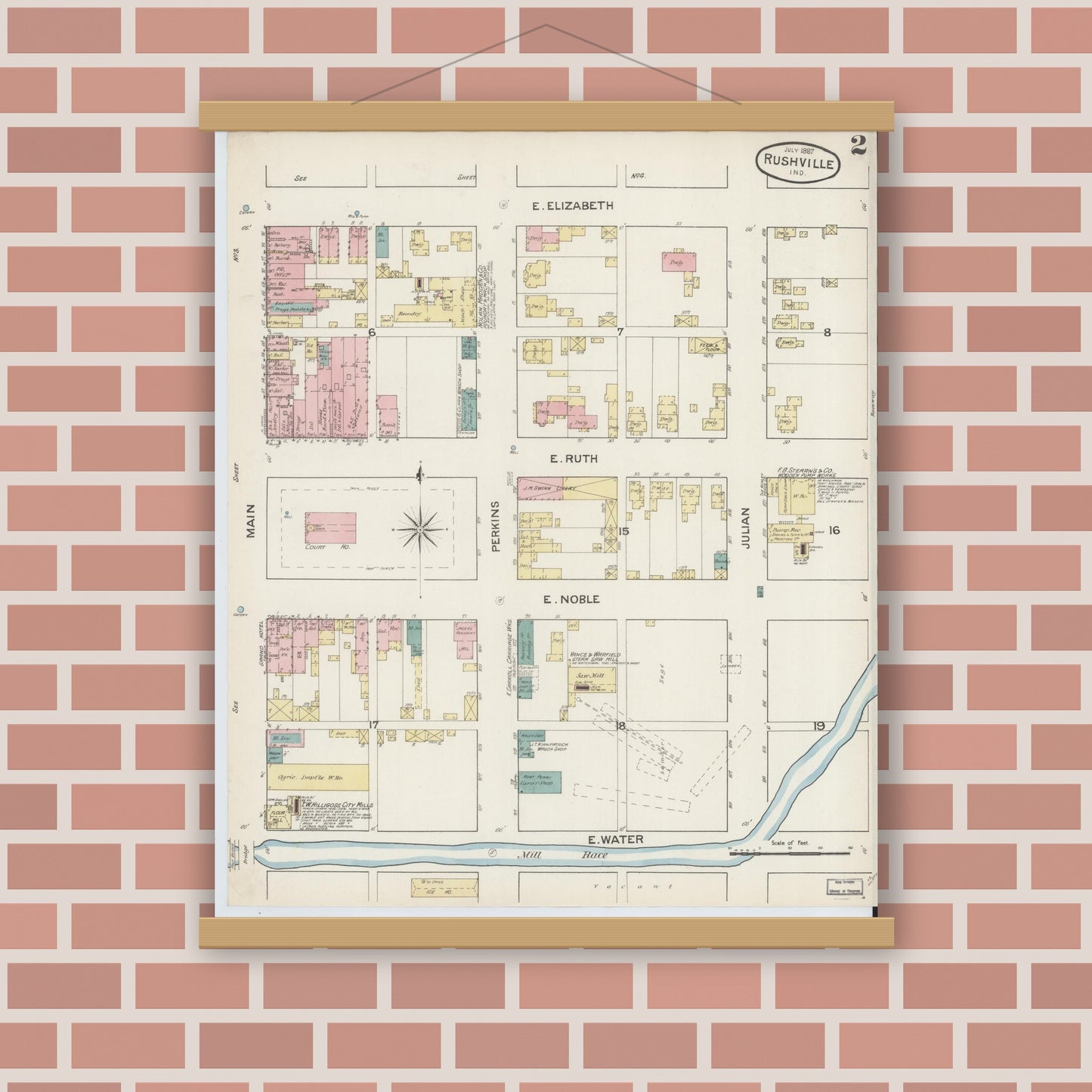 Old map wall art mockup — magnetic wood frame on brick wall — Sanborn Fire Insurance Map from Rushville, Rush County, Indiana (1887), Sheet #0002