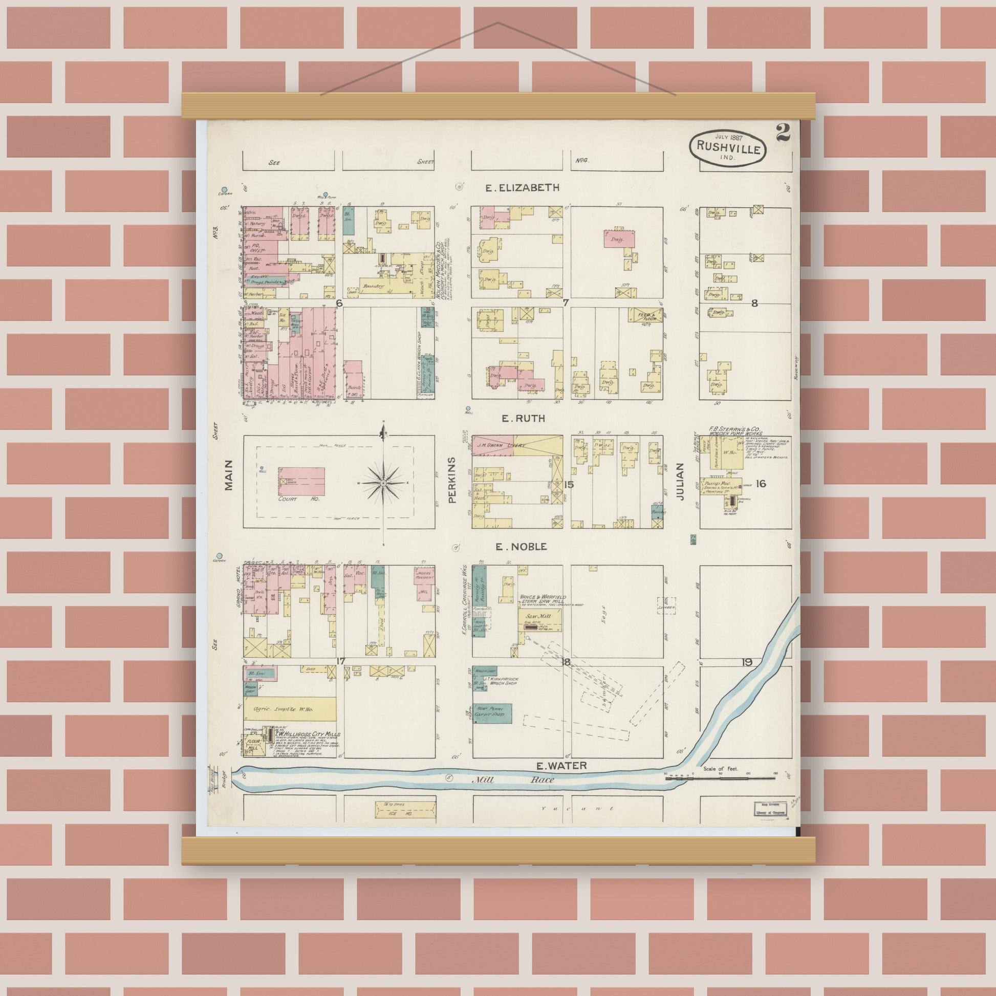 Old map wall art mockup — magnetic wood frame on brick wall — Sanborn Fire Insurance Map from Rushville, Rush County, Indiana (1887), Sheet #0002