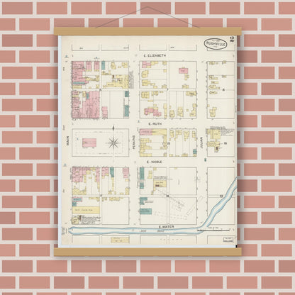 Old map wall art mockup — magnetic wood frame on brick wall — Sanborn Fire Insurance Map from Rushville, Rush County, Indiana (1887), Sheet #0002