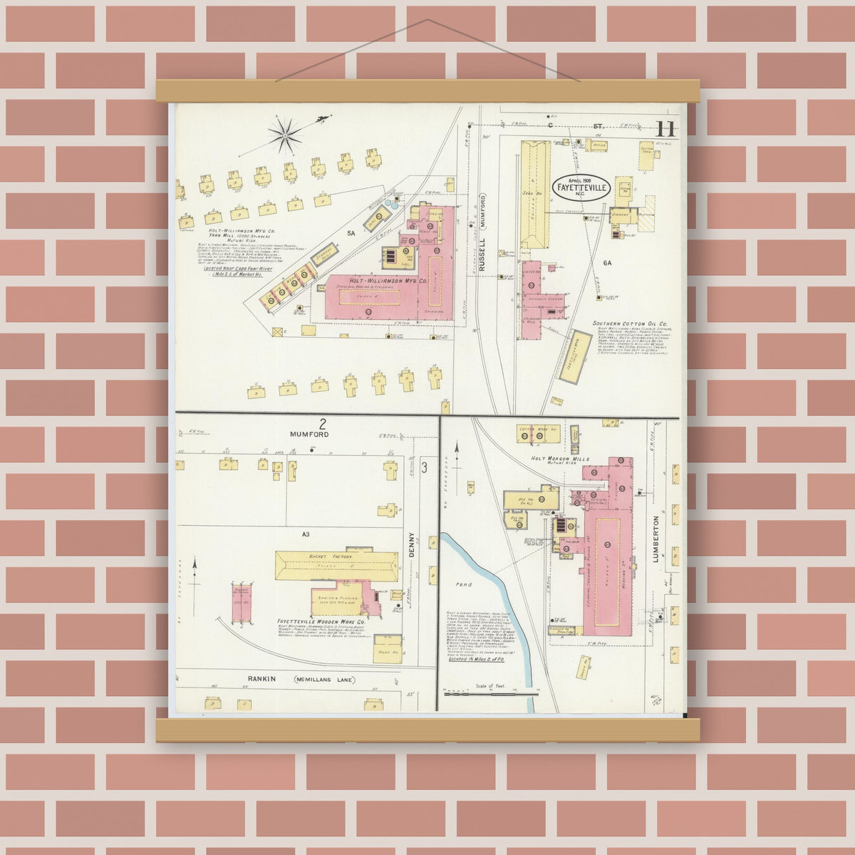 Old map wall art mockup — magnetic wood frame on brick wall — Sanborn Fire Insurance Map from Fayetteville, Cumberland County, North Carolina (1908), Sheet #0011