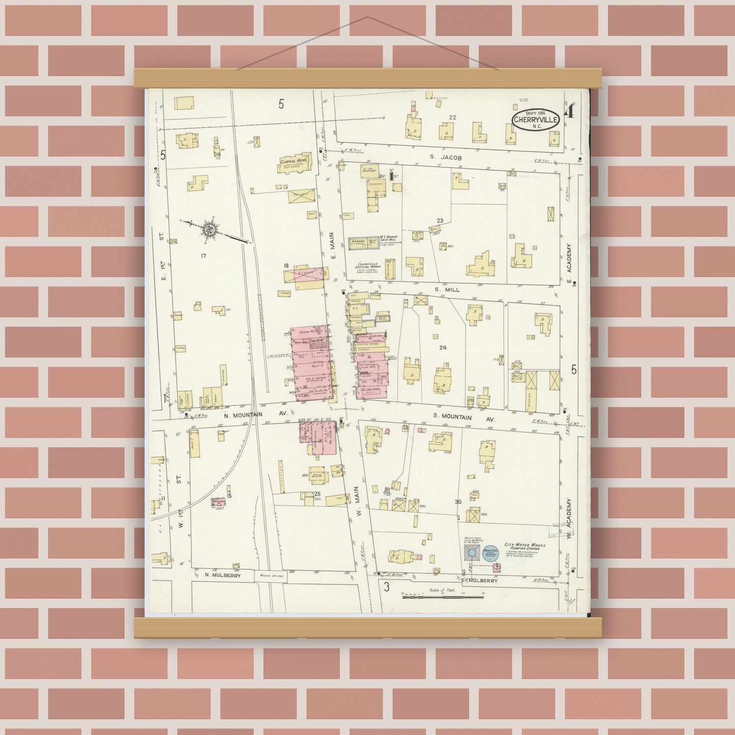 Old map wall art mockup — magnetic wood frame on brick wall — Sanborn Fire Insurance Map from Cherryville, Gaston County, North Carolina (1914), Sheet #0004