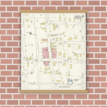 Old map wall art mockup — magnetic wood frame on brick wall — Sanborn Fire Insurance Map from Cherryville, Gaston County, North Carolina (1914), Sheet #0004