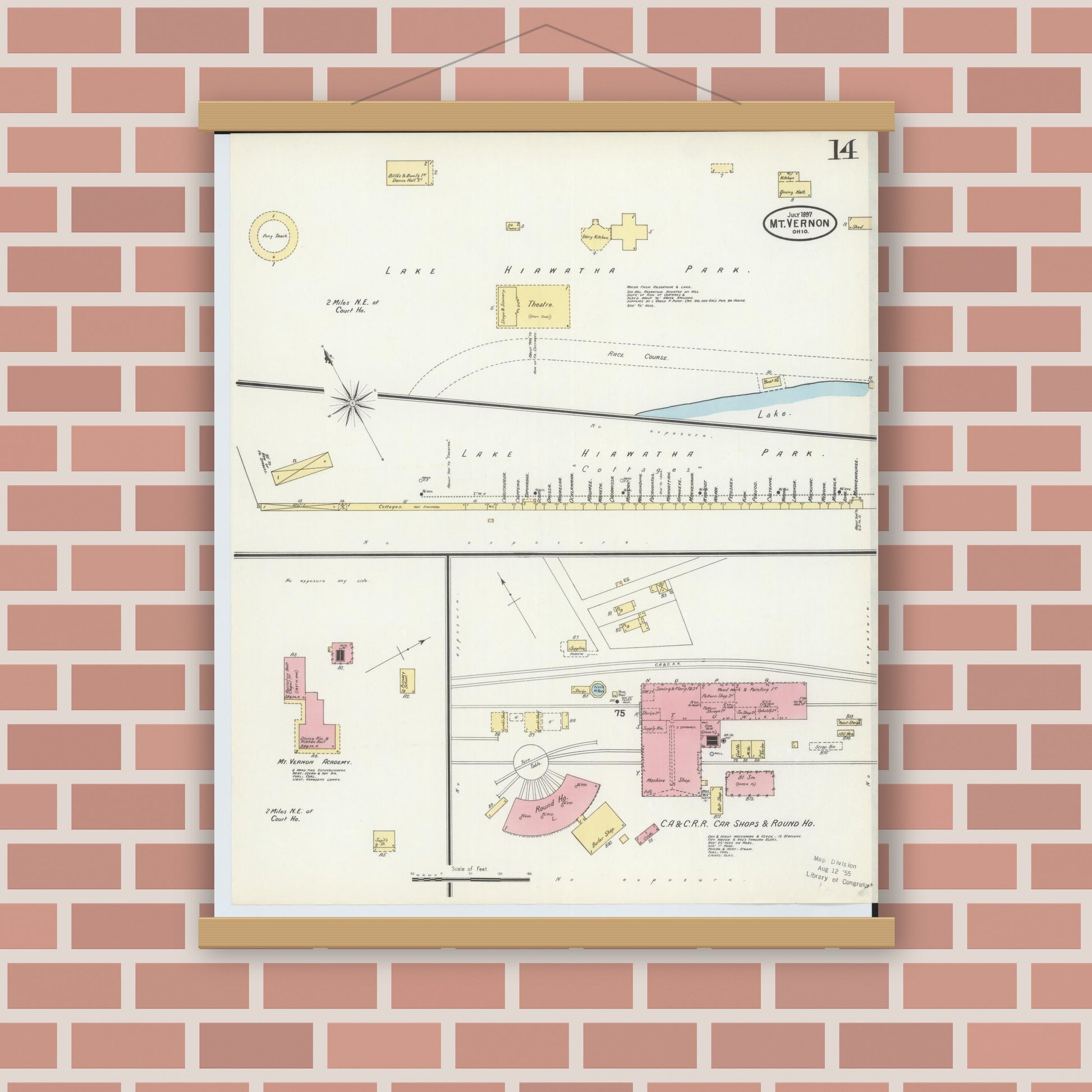 Old map wall art mockup — magnetic wood frame on brick wall — Sanborn Fire Insurance Map from Mount Vernon, Knox County, Ohio (1897), Sheet #0014