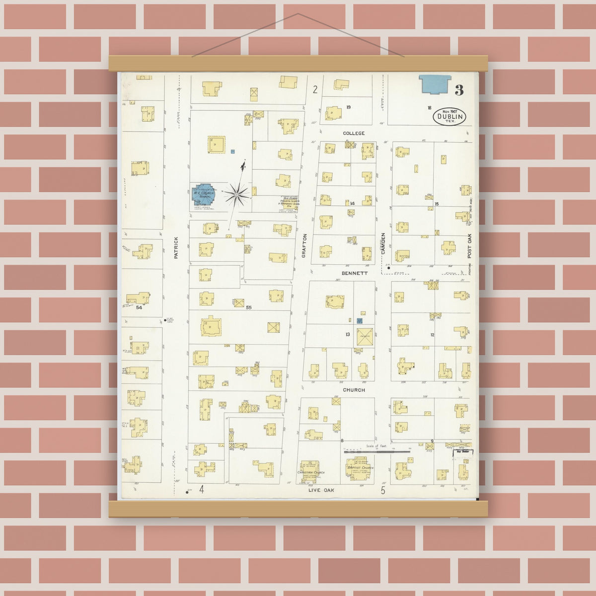 Old map wall art mockup — magnetic wood frame on brick wall — Sanborn Fire Insurance Map from Dublin, Erath County, Texas (1907), Sheet #0003