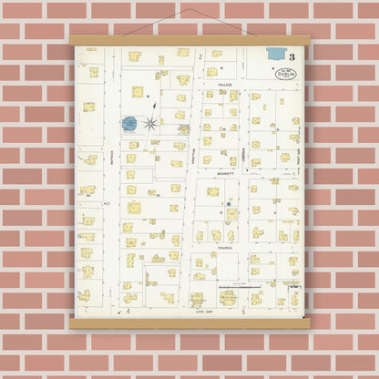 Old map wall art mockup — magnetic wood frame on brick wall — Sanborn Fire Insurance Map from Dublin, Erath County, Texas (1907), Sheet #0003