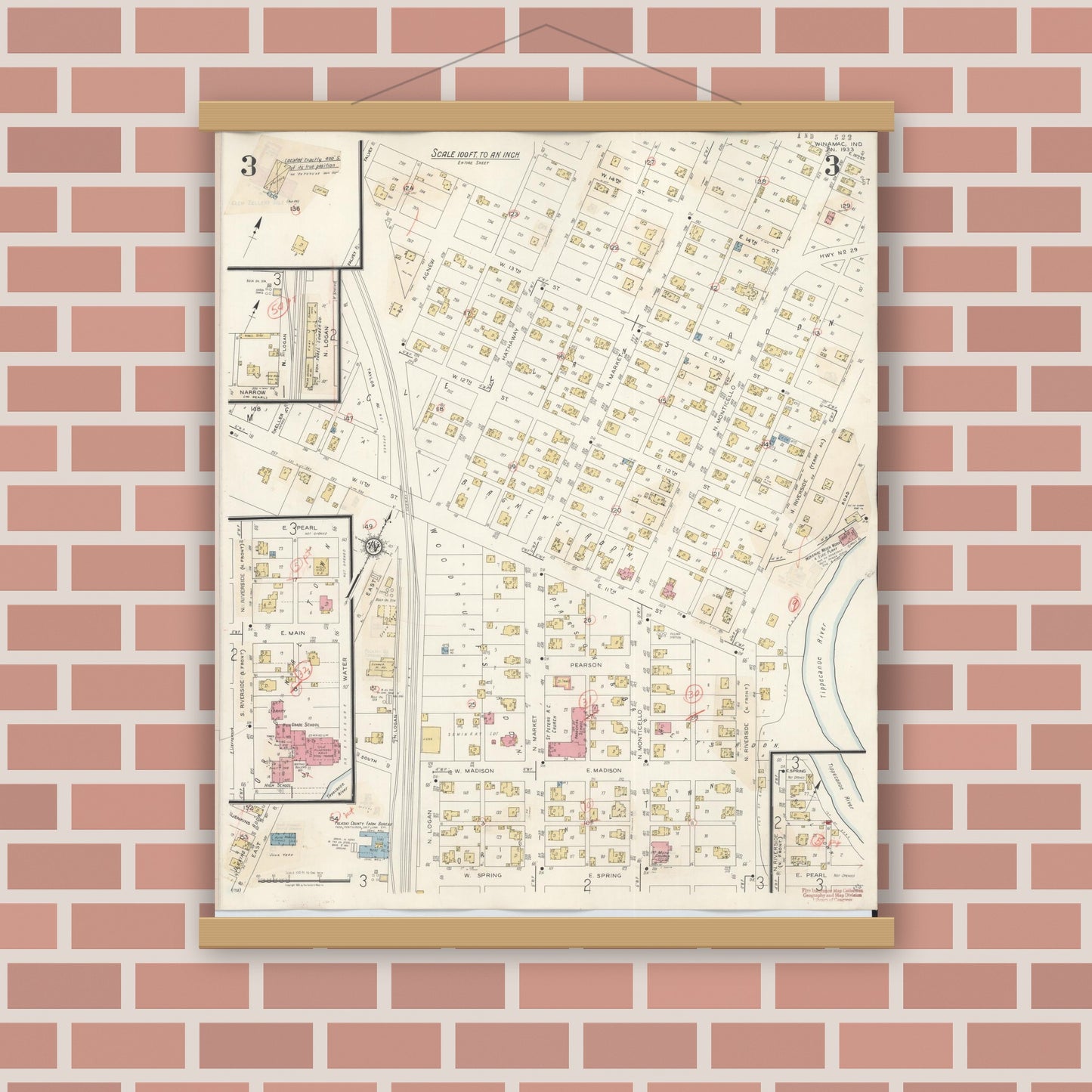 Old map wall art mockup — magnetic wood frame on brick wall — Sanborn Fire Insurance Map from Winamac, Pulaski County, Indiana (1943), Sheet #0003