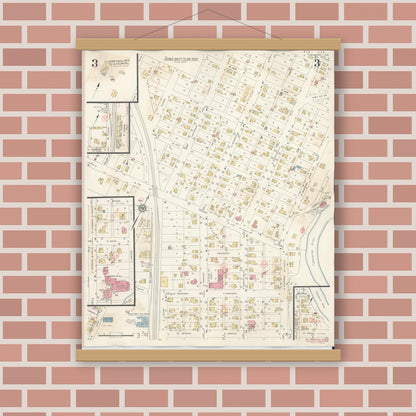 Old map wall art mockup — magnetic wood frame on brick wall — Sanborn Fire Insurance Map from Winamac, Pulaski County, Indiana (1943), Sheet #0003