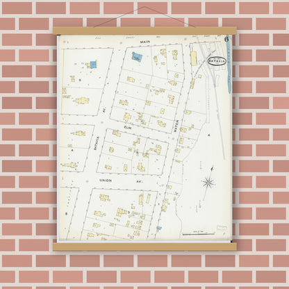 Old map wall art mockup — magnetic wood frame on brick wall — Sanborn Fire Insurance Map from Batavia, Kane County, Illinois (1891), Sheet #0006