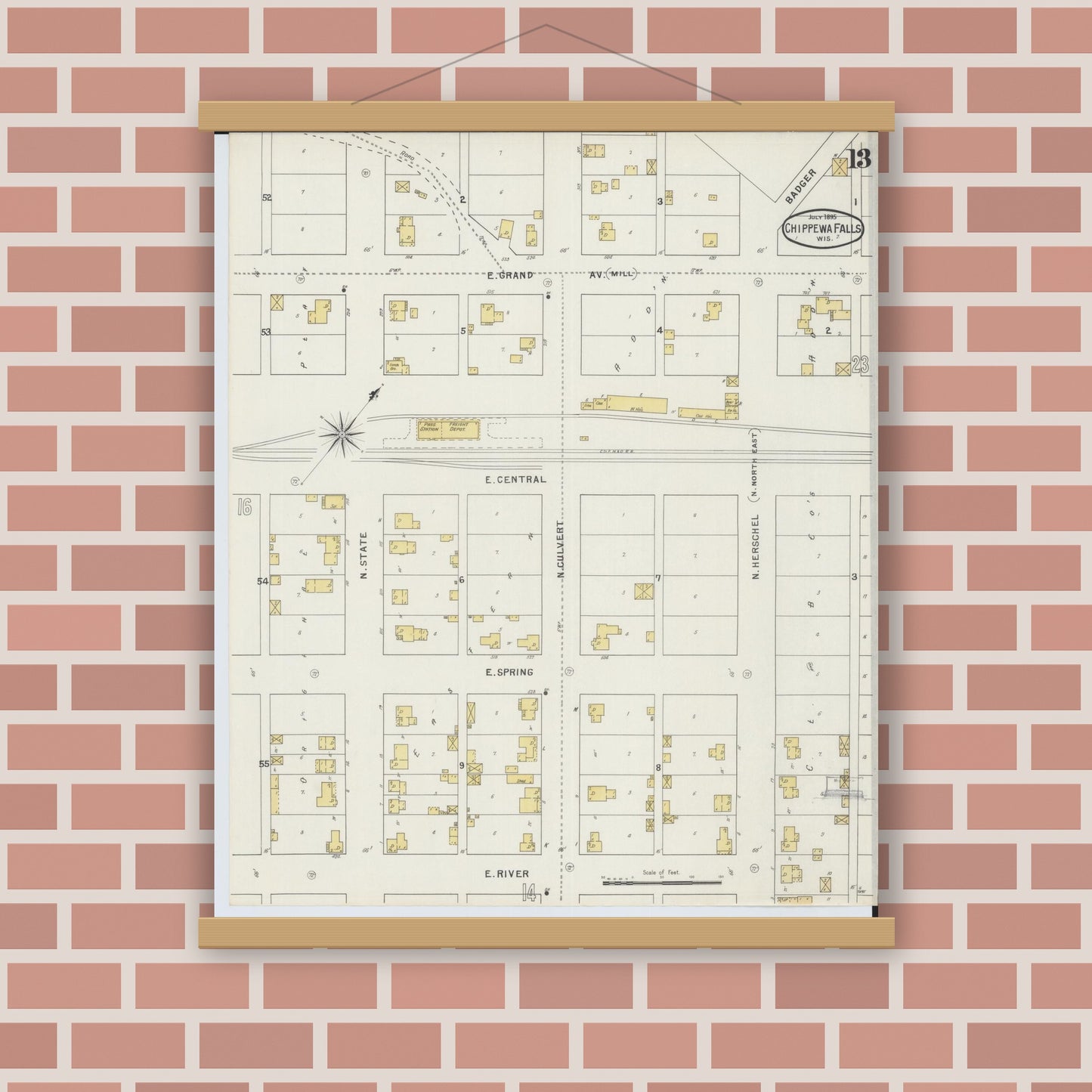 Old map wall art mockup — magnetic wood frame on brick wall — Sanborn Fire Insurance Map from Chippewa Falls, Chippewa County, Wisconsin (1895), Sheet #0013