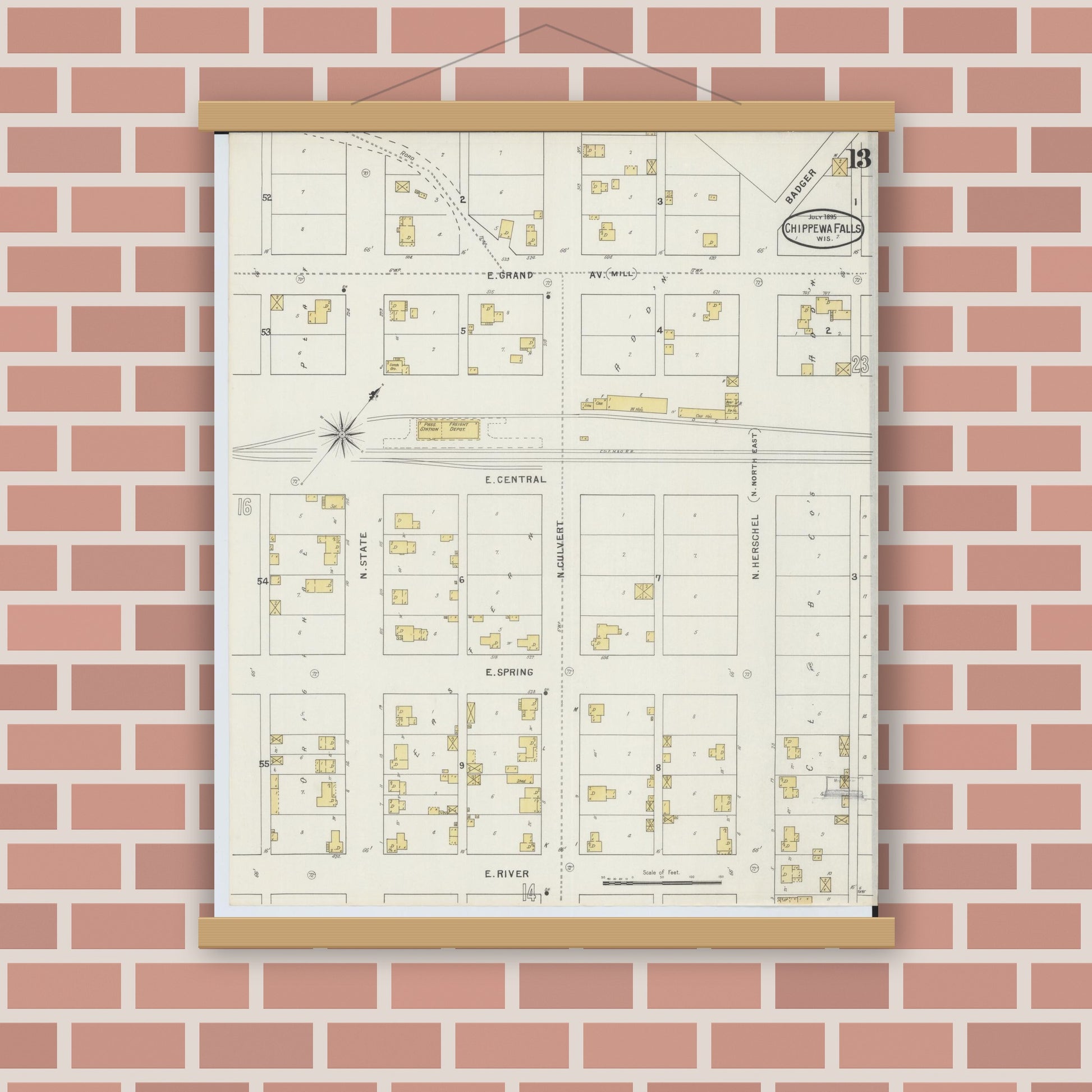 Old map wall art mockup — magnetic wood frame on brick wall — Sanborn Fire Insurance Map from Chippewa Falls, Chippewa County, Wisconsin (1895), Sheet #0013