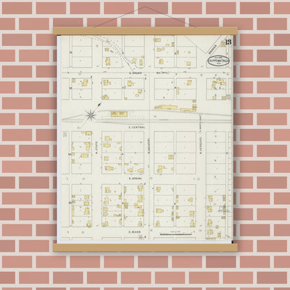 Old map wall art mockup — magnetic wood frame on brick wall — Sanborn Fire Insurance Map from Chippewa Falls, Chippewa County, Wisconsin (1895), Sheet #0013