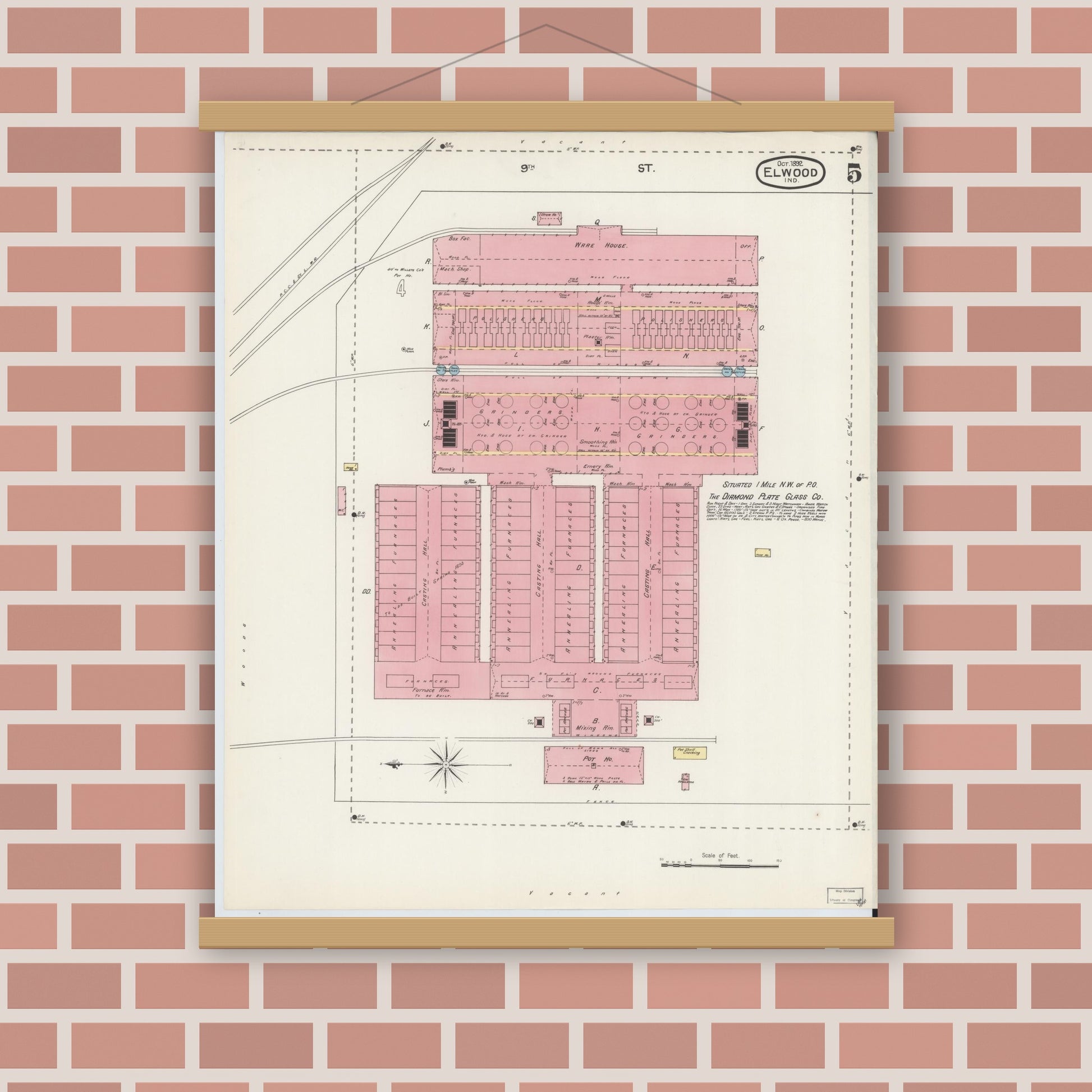 Old map wall art mockup — magnetic wood frame on brick wall — Sanborn Fire Insurance Map from Elwood, Madison County, Indiana (1892), Sheet #0005