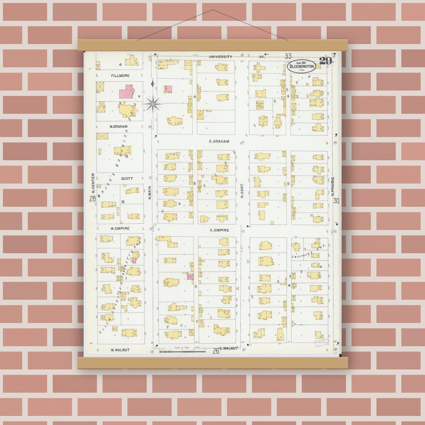 Old map wall art mockup — magnetic wood frame on brick wall — Sanborn Fire Insurance Map from Bloomington, McLean County, Illinois (1901), Sheet #0029