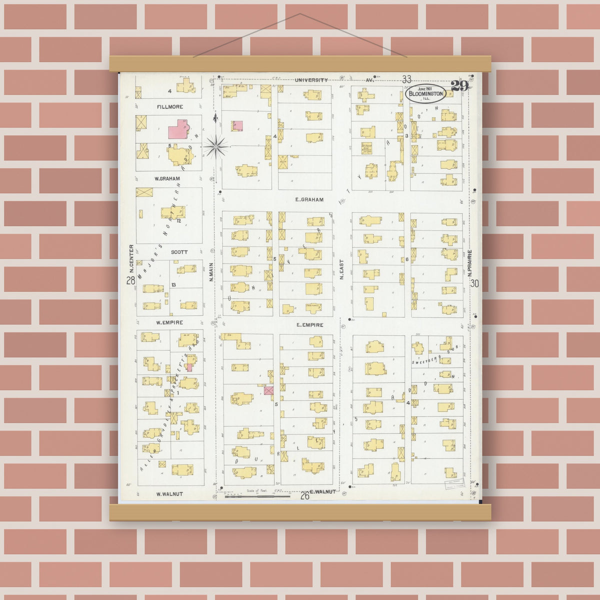 Old map wall art mockup — magnetic wood frame on brick wall — Sanborn Fire Insurance Map from Bloomington, McLean County, Illinois (1901), Sheet #0029