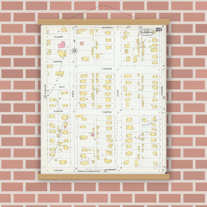 Old map wall art mockup — magnetic wood frame on brick wall — Sanborn Fire Insurance Map from Bloomington, McLean County, Illinois (1901), Sheet #0029