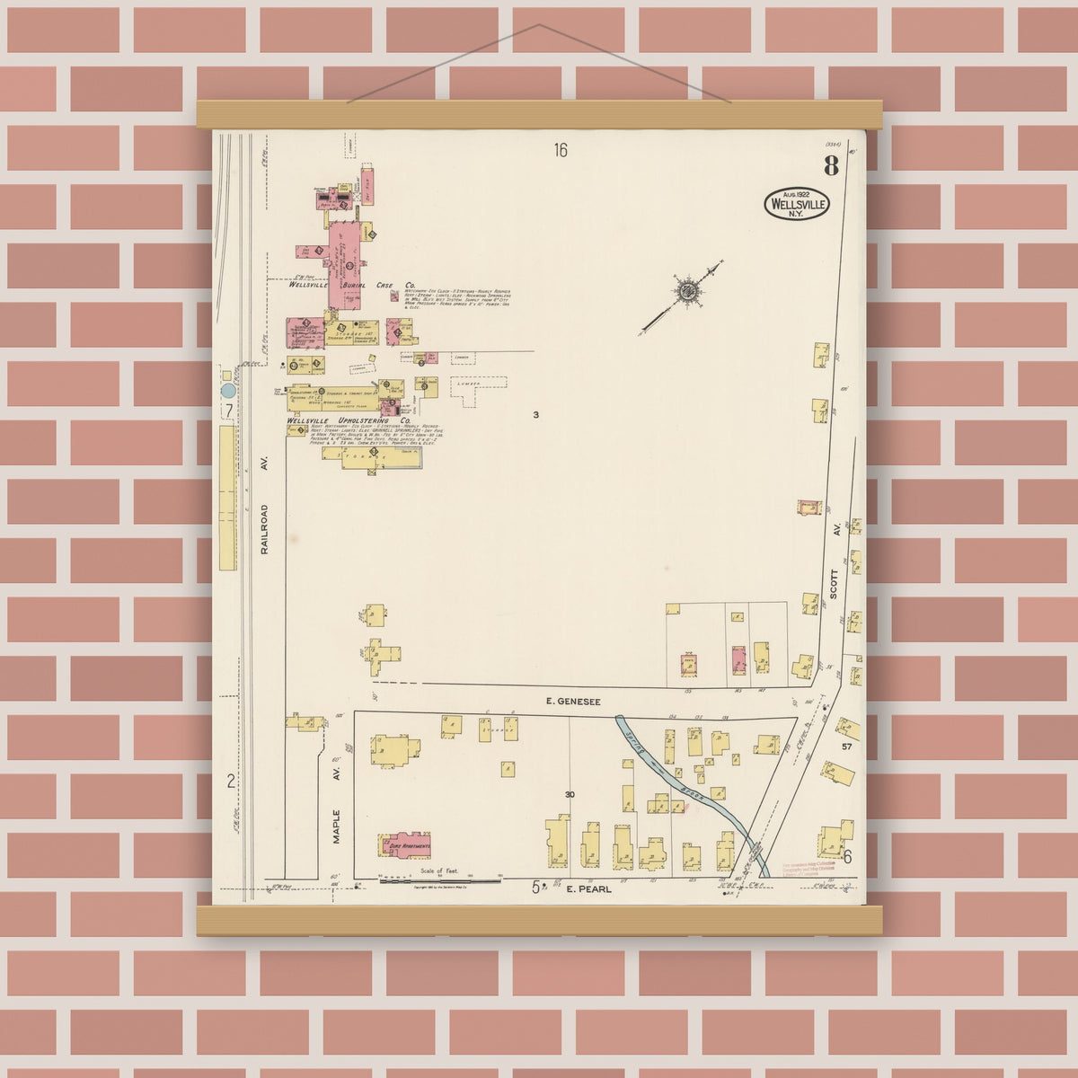 Old map wall art mockup — magnetic wood frame on brick wall — Sanborn Fire Insurance Map from Wellsville, Allegany County, New York (1922), Sheet #0008