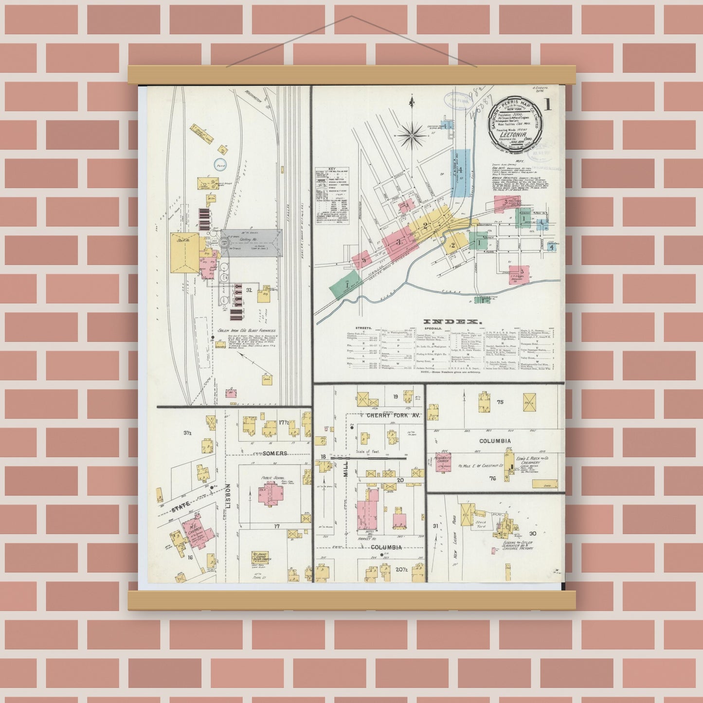 Old map wall art mockup — magnetic wood frame on brick wall — Sanborn Fire Insurance Map from Leetonia, Columbiana County, Ohio (1898) - Complete Map Set
